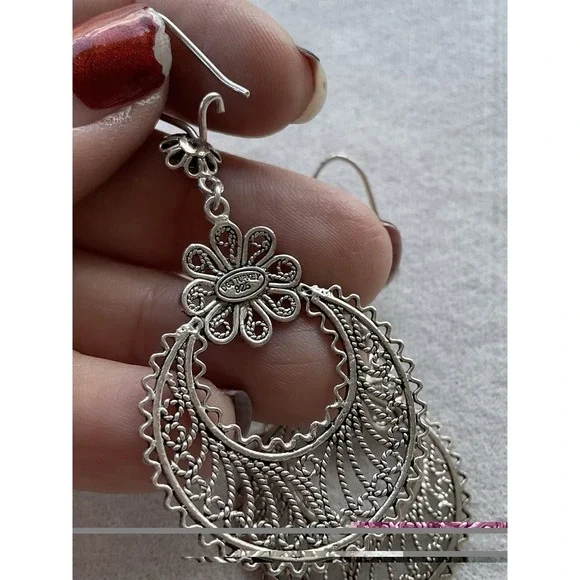 Vintage DGS Turkey Sterling Silver Crescent Moon Floral Dangle Earrings - Picture 2 of 6